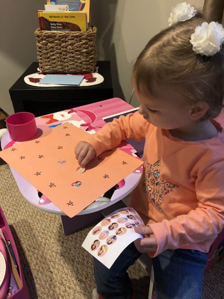 Stickers come in a variety of shapes, sizes and characters. Stickers help toddlers strengthen their fine motor skills and are an inexpensive form of entertainment.