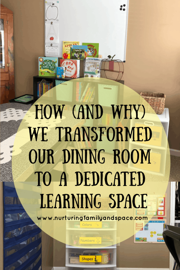 We transformed our dining room into a space for learning and creating together. We now spend most of our days in the activity room between arts & crafts projects and at-home preschool. All of our learning and project supplies are in this space, making it easy to access.