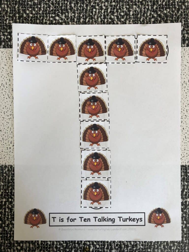 The T is for Turkey Early Learning Activity Pack is perfect for engaging your preschoolers and young learners in hands-on reading and math activities during the month of November. This early learning activity pack focuses on recognizing the letters T and F, beginning letter sounds, sequencing numbers, shapes and building vocabulary.