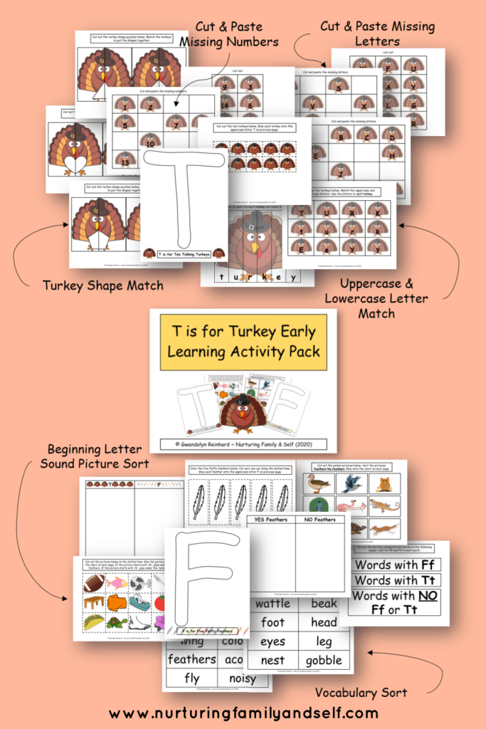 The T is for Turkey Early Learning Activity Pack is perfect for engaging your preschoolers and young learners in hands-on reading and math activities during the month of November. This early learning activity pack focuses on recognizing the letters T and F, beginning letter sounds, sequencing numbers, shapes and building vocabulary.