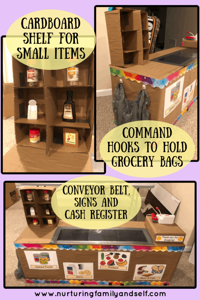 It is really easy and inexpensive to build a grocery store checkout counter for toddlers and preschoolers. They can learn so many skills from engaging in grocery store dramatic play. Learn how to set up grocery store dramatic play for your littles ones. 