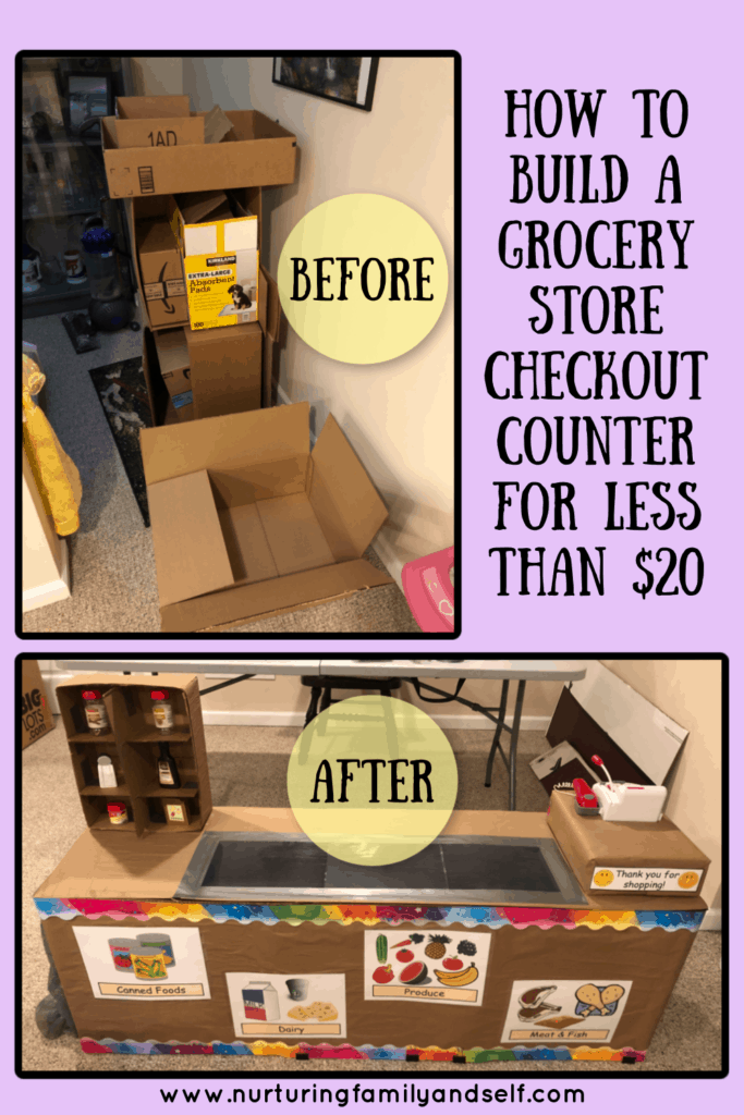 It is really easy and inexpensive to build a grocery store checkout counter for toddlers and preschoolers. They can learn so many skills from engaging in grocery store dramatic play. Learn how to set up grocery store dramatic play for your littles ones. 