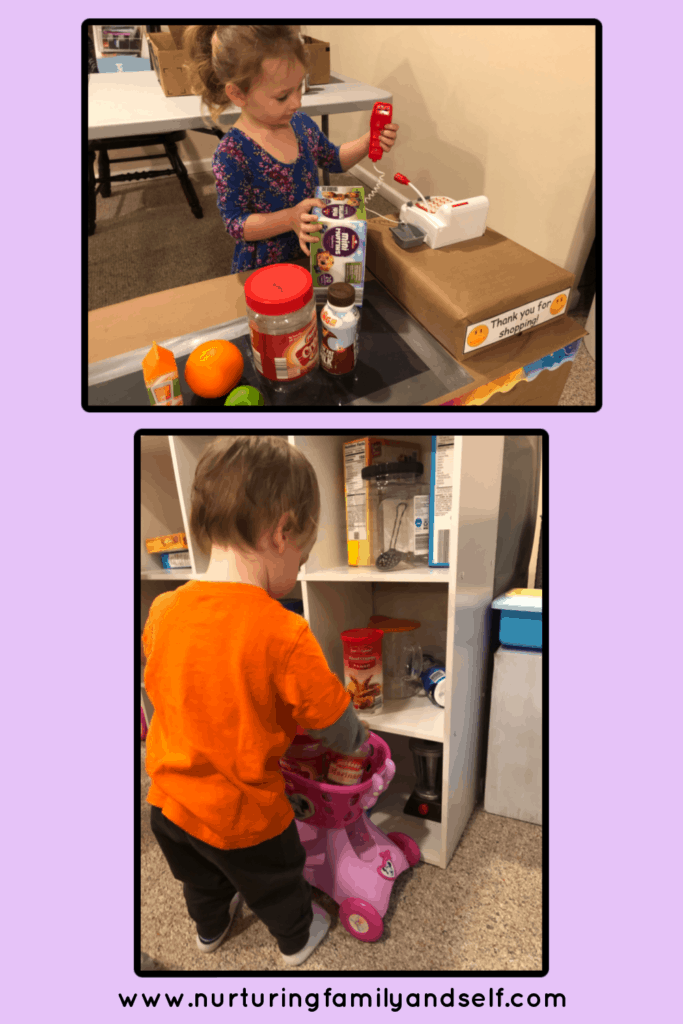 It is really easy and inexpensive to build a grocery store checkout counter for toddlers and preschoolers. They can learn so many skills from engaging in grocery store dramatic play. Learn how to set up grocery store dramatic play for your littles ones. 