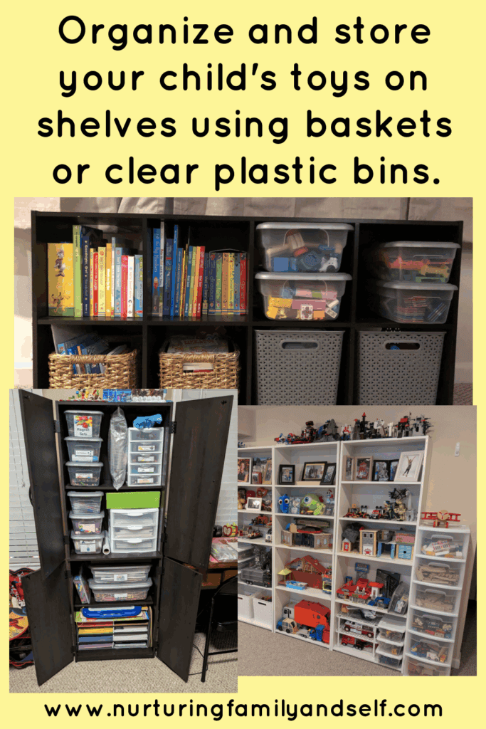 Create an organized playroom by using shelves, baskets and clear plastic bins.