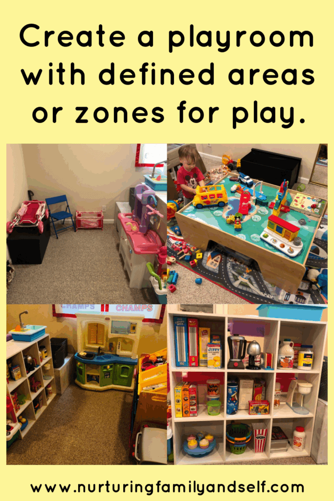 Create a toddler playroom with defined areas or zones for play.